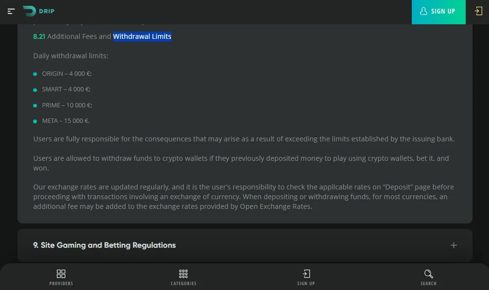 Screenshot of Drip's withdrawal section and limits