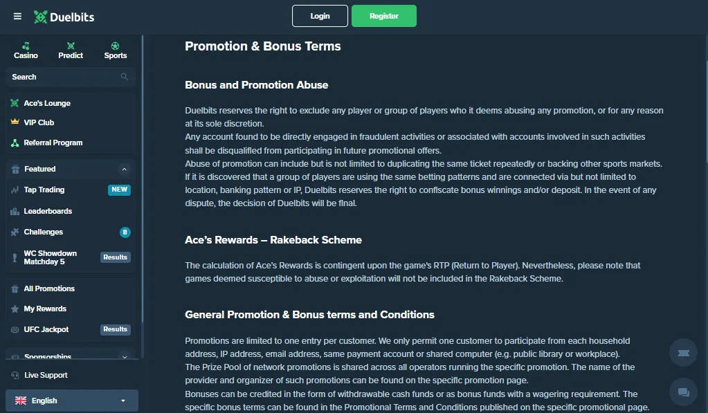 Screenshot of Duelbits's bonus terms and wagering requirements
