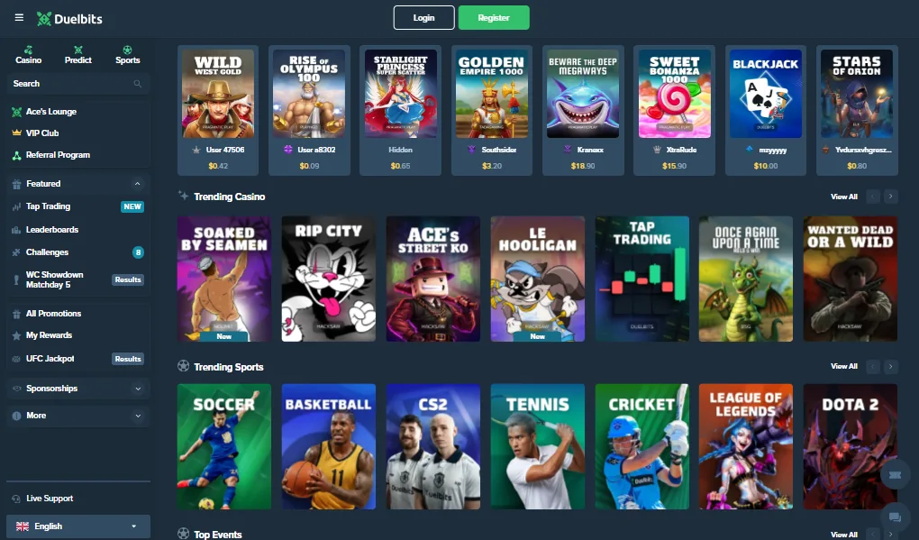 Screenshot of Duelbits's games lobby