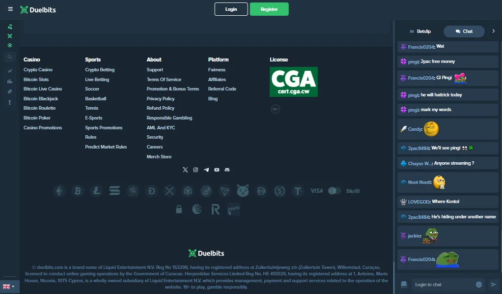 Screenshot of Duelbits's live chat support window