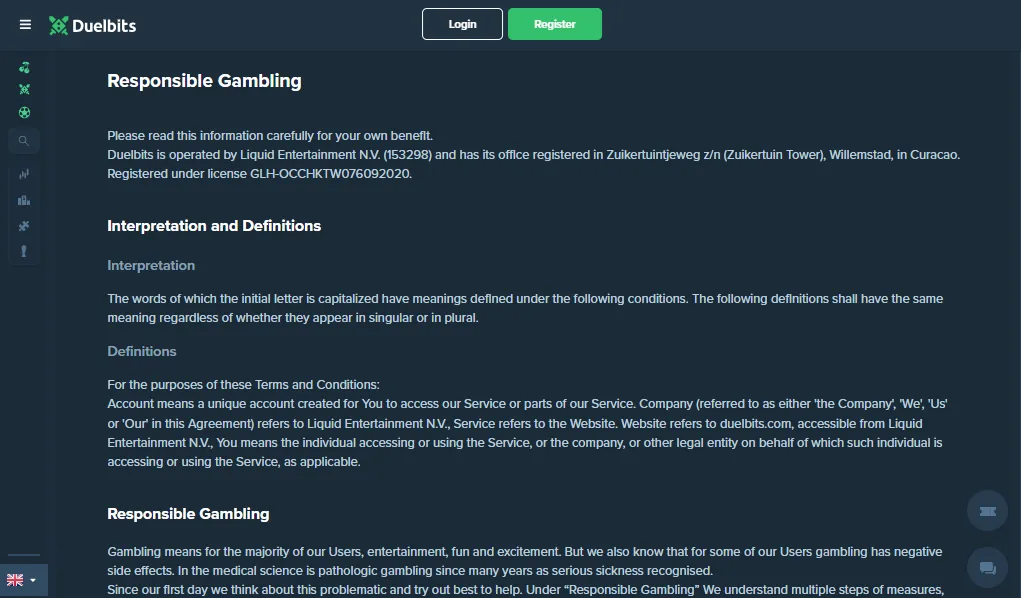 Screenshot of Duelbits's responsible-gambling tools