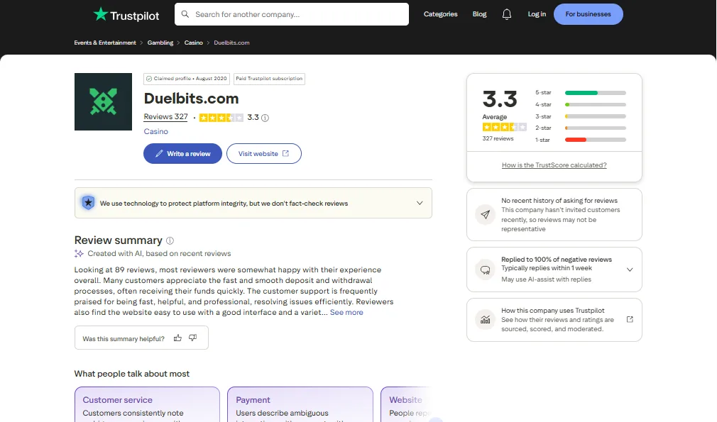 Screenshot of Duelbits's Trustpilot rating overview