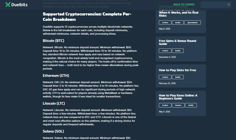 Screenshot of Duelbits's withdrawal section and limits