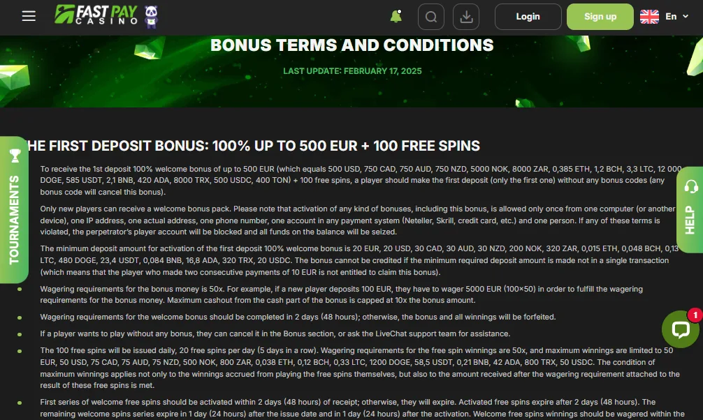 Screenshot of Fastpay's bonus terms and wagering requirements