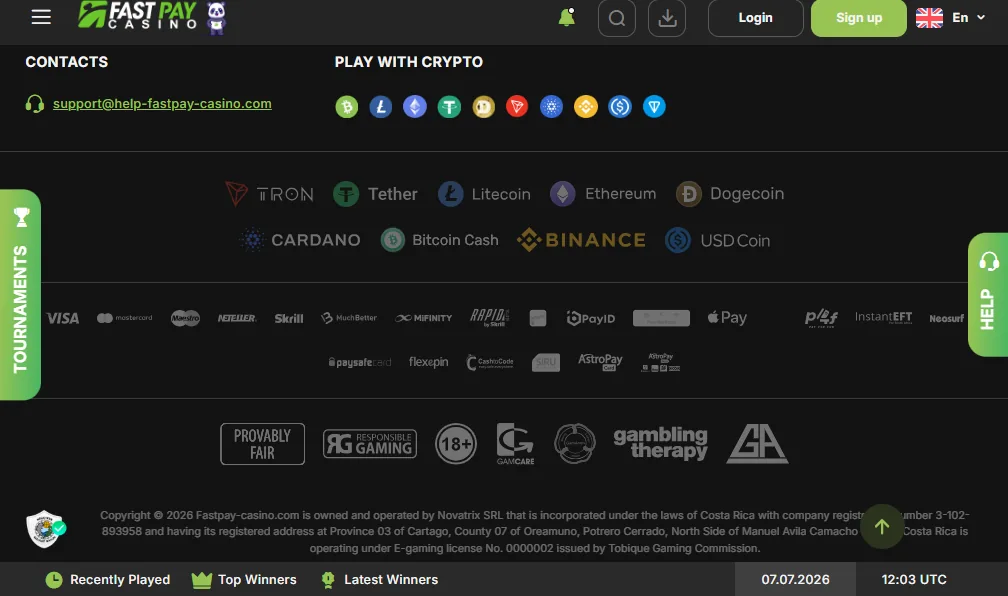 Screenshot of Fastpay's footer licence and regulator details