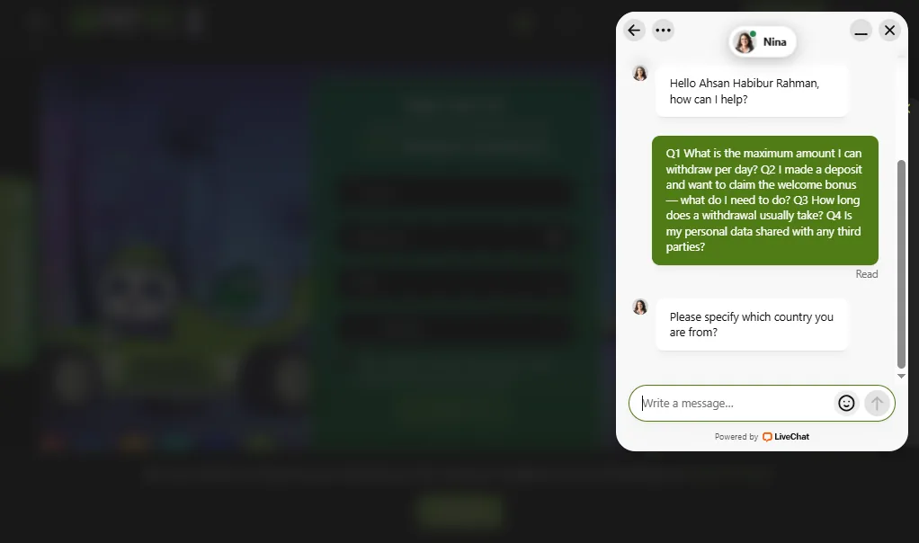 Screenshot of Fastpay's live chat support window