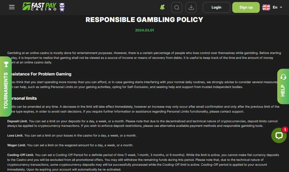 Screenshot of Fastpay's responsible-gambling tools
