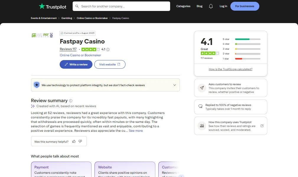 Screenshot of Fastpay's Trustpilot rating overview