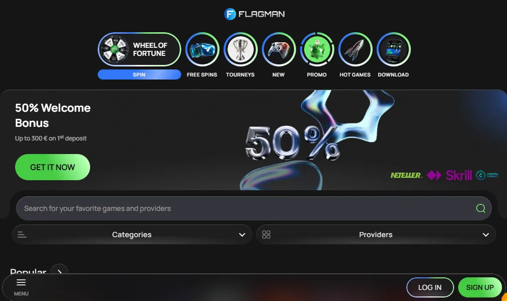 Screenshot of Flagman Casino's welcome bonus offer