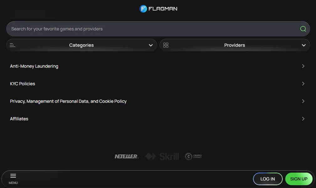 Screenshot of Flagman Casino's footer licence and regulator details