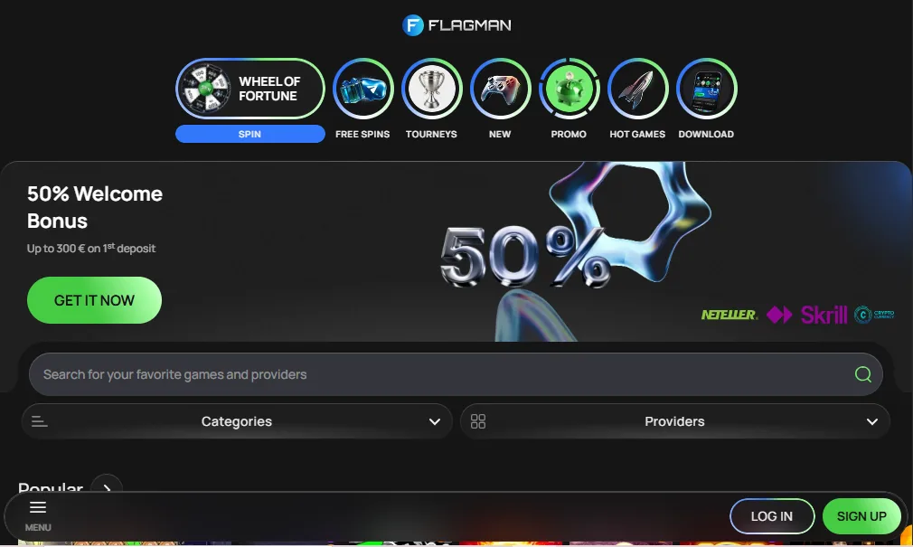 Screenshot of Flagman Casino's homepage