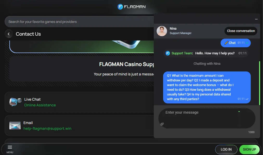 Screenshot of Flagman Casino's live chat support window