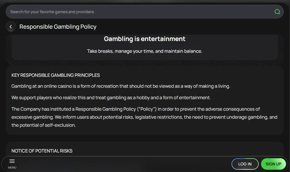 Screenshot of Flagman Casino's responsible-gambling tools