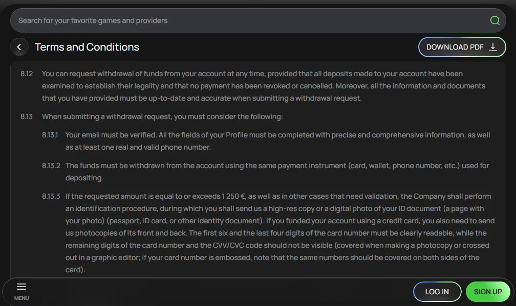 Screenshot of Flagman Casino's withdrawal section and limits
