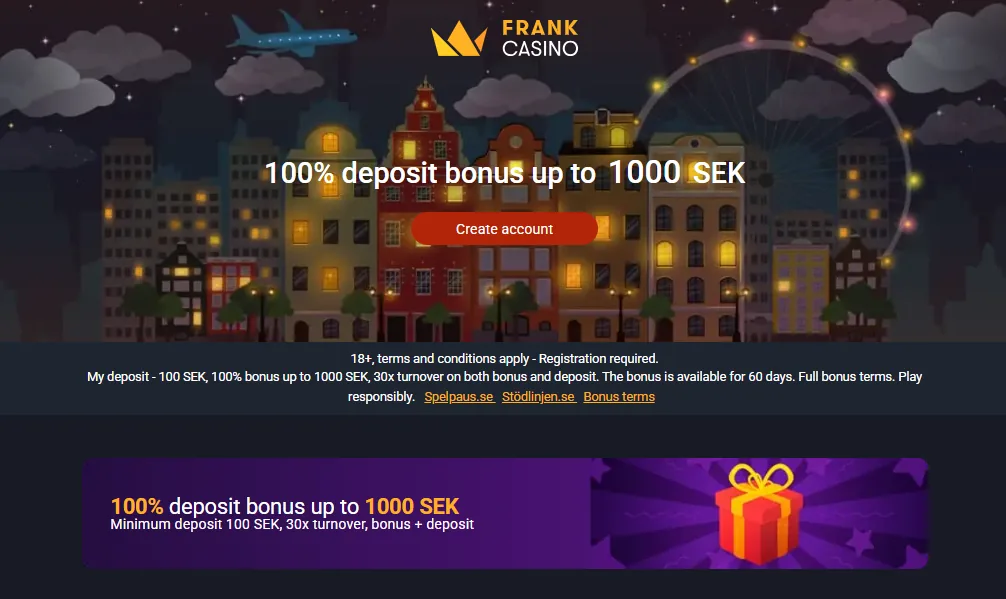 Screenshot of Frank Casino's welcome bonus offer