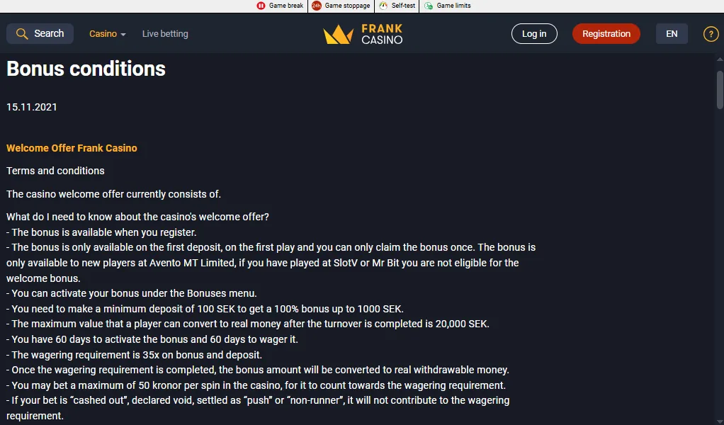 Screenshot of Frank Casino's bonus terms and wagering requirements