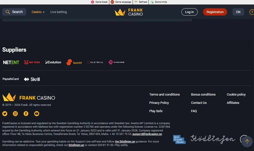 Screenshot of Frank Casino's cashier and payment methods