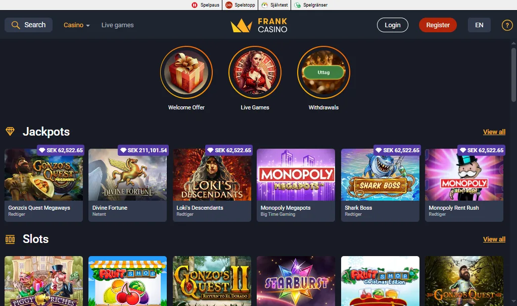 Screenshot of Frank Casino's homepage