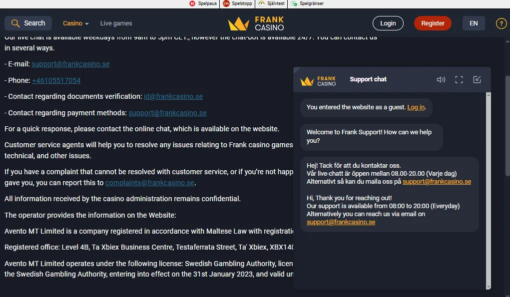 Screenshot of Frank Casino's live chat support window