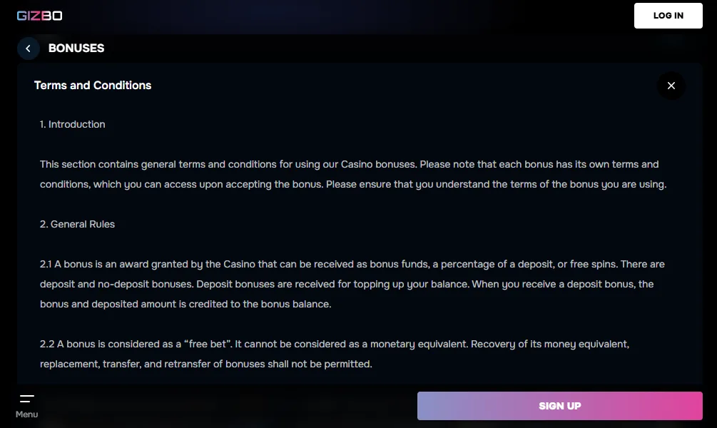 Screenshot of Gizbo's bonus terms and wagering requirements