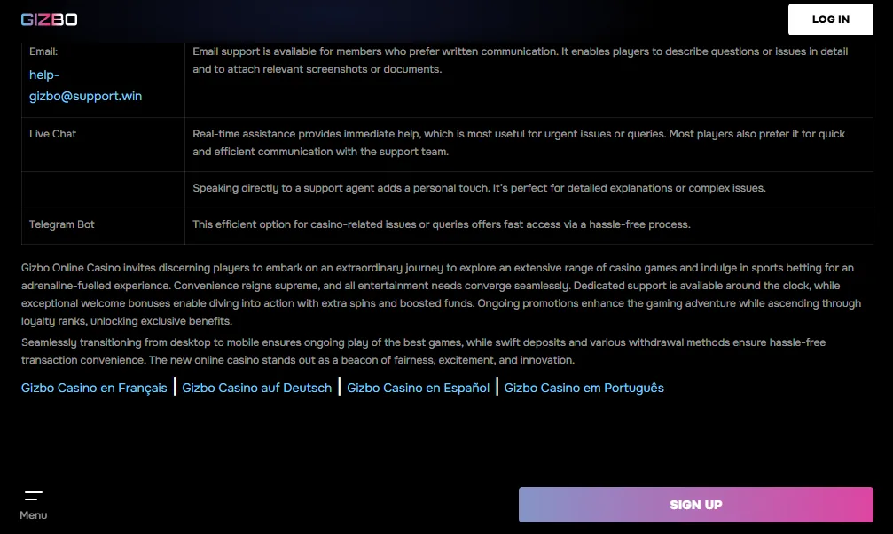 Screenshot of Gizbo's footer licence and regulator details