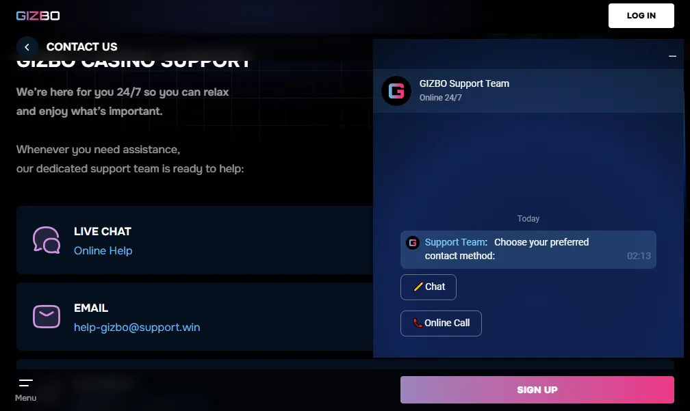Screenshot of Gizbo's live chat support window