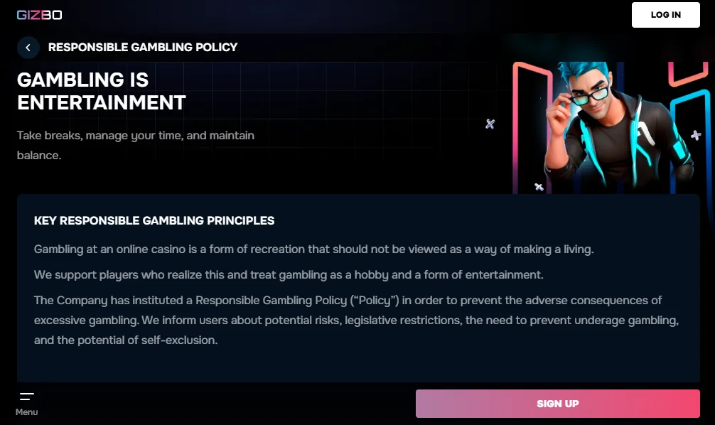 Screenshot of Gizbo's responsible-gambling tools