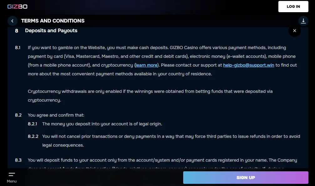 Screenshot of Gizbo's withdrawal section and limits