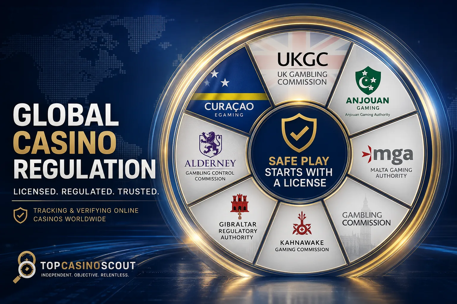 Global casino regulation — regulator wheel showing UKGC, MGA, Curaçao, Gibraltar, Alderney, Kahnawake and Anjouan around the message: safe play starts with a licence