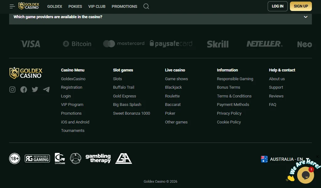 Screenshot of Goldex Casino's footer licence and regulator details