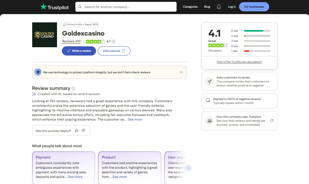 Screenshot of Goldex Casino's Trustpilot rating overview