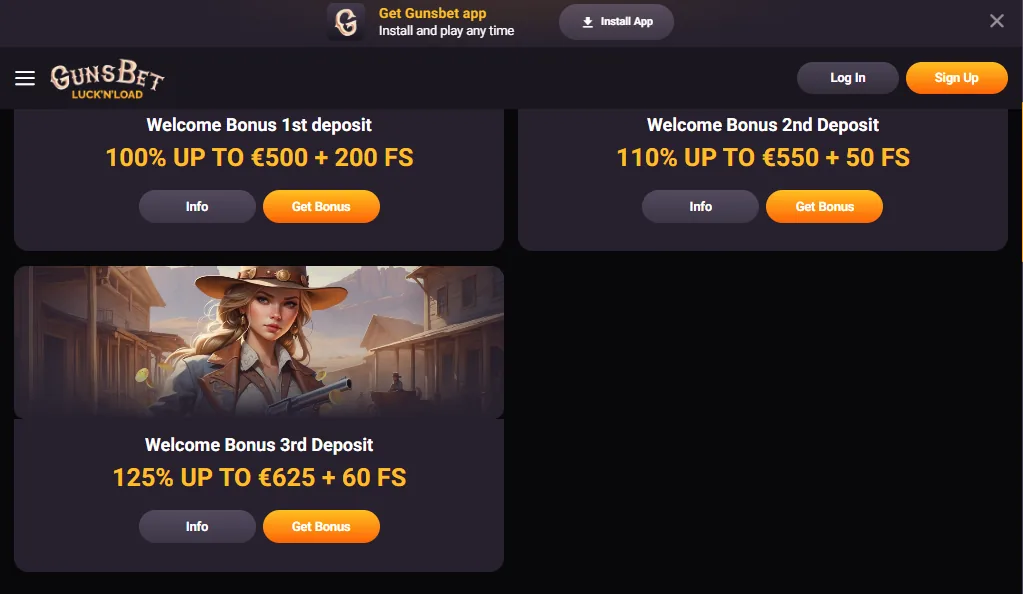 Screenshot of GunsBet's welcome bonus offer