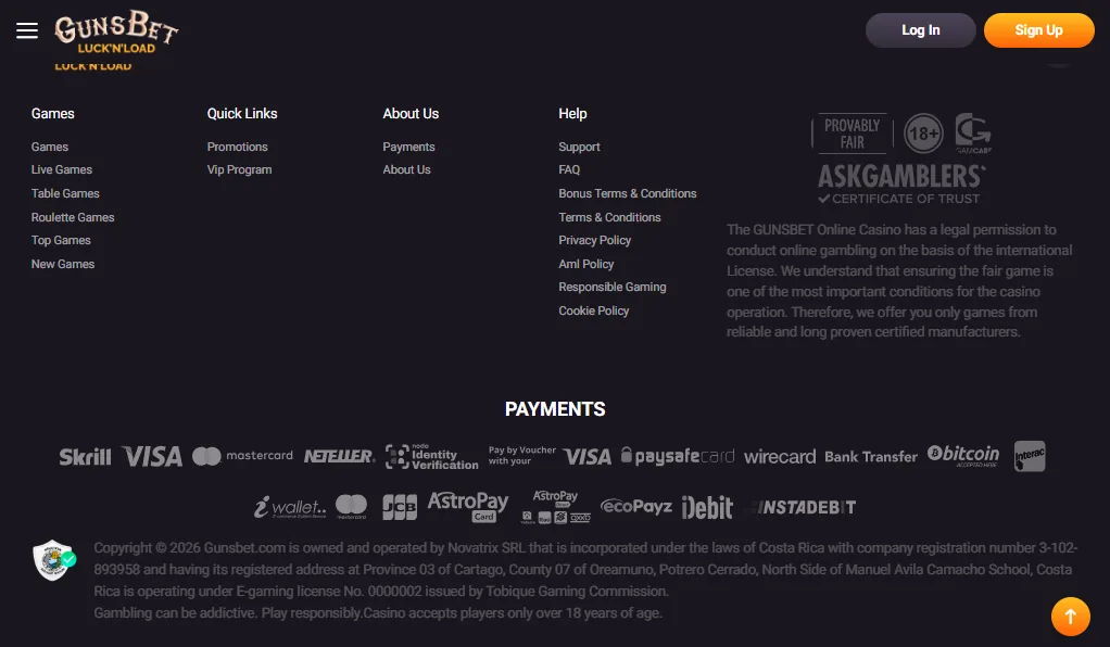 Screenshot of GunsBet's cashier and payment methods