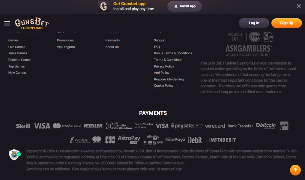 Screenshot of GunsBet's footer licence and regulator details
