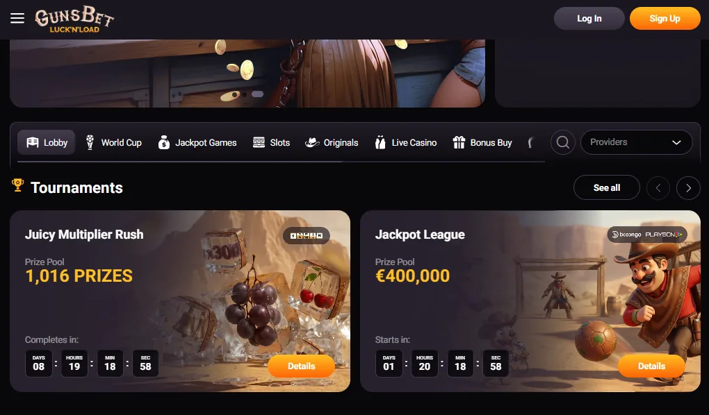 Screenshot of GunsBet's games lobby