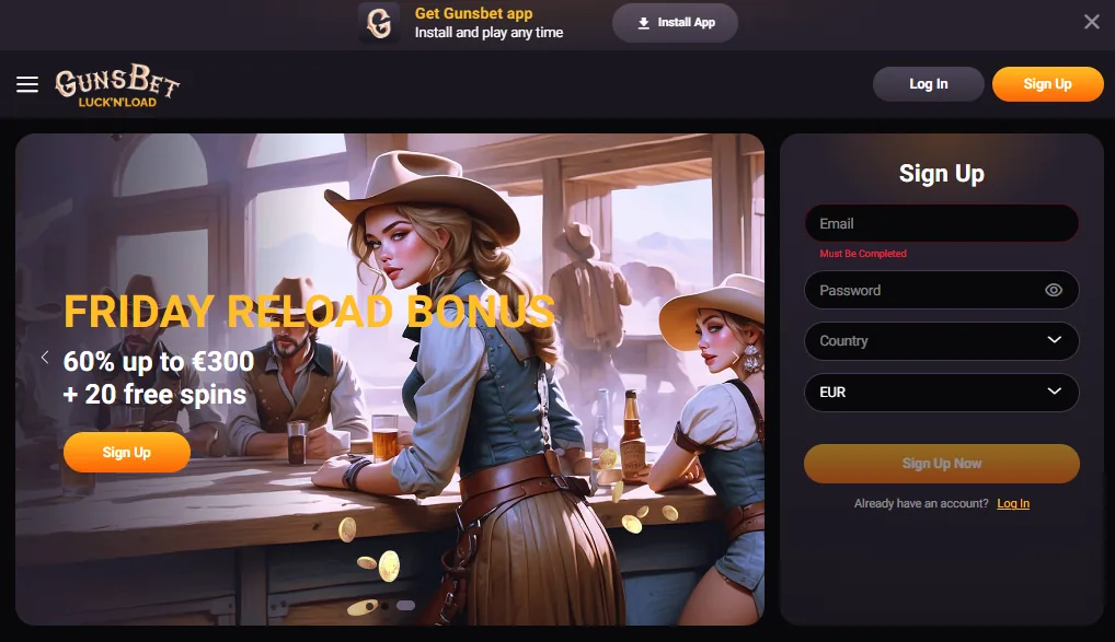 Screenshot of GunsBet's homepage