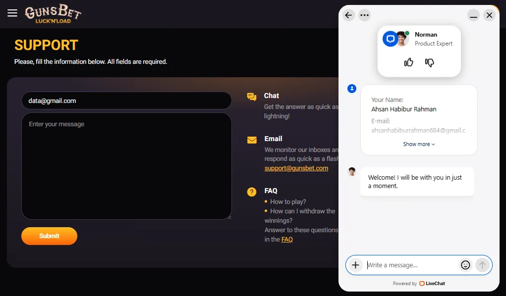 Screenshot of GunsBet's live chat support window