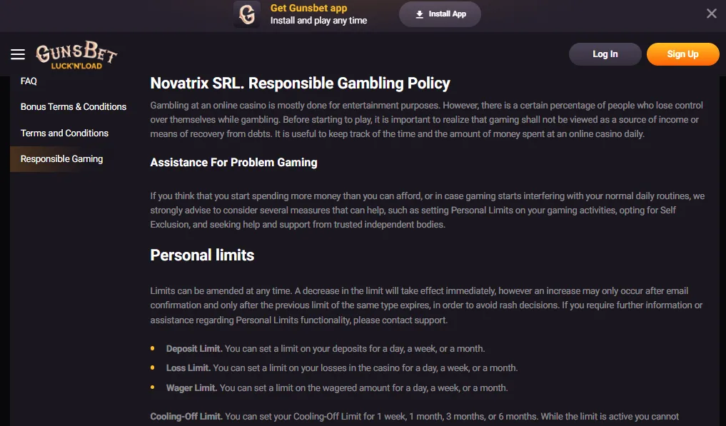 Screenshot of GunsBet's responsible-gambling tools