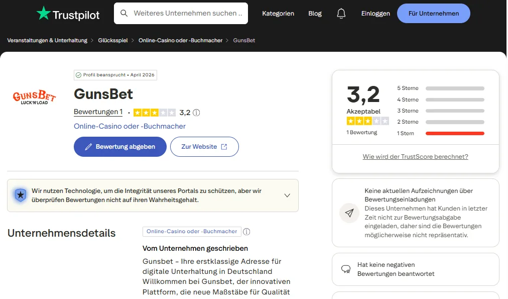 Screenshot of GunsBet's Trustpilot rating overview