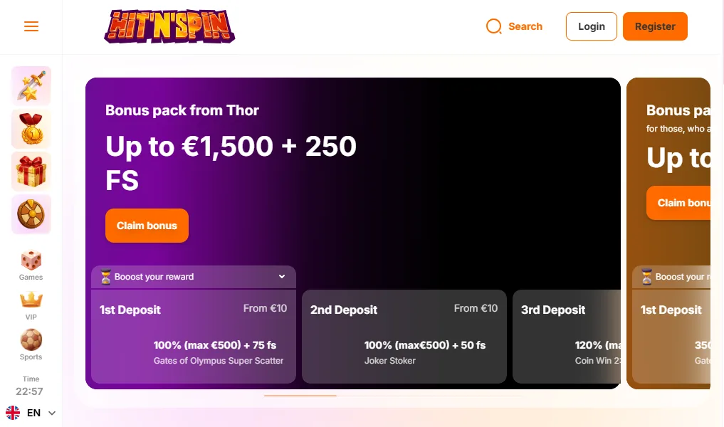Screenshot of Hit N Spin's welcome bonus offer