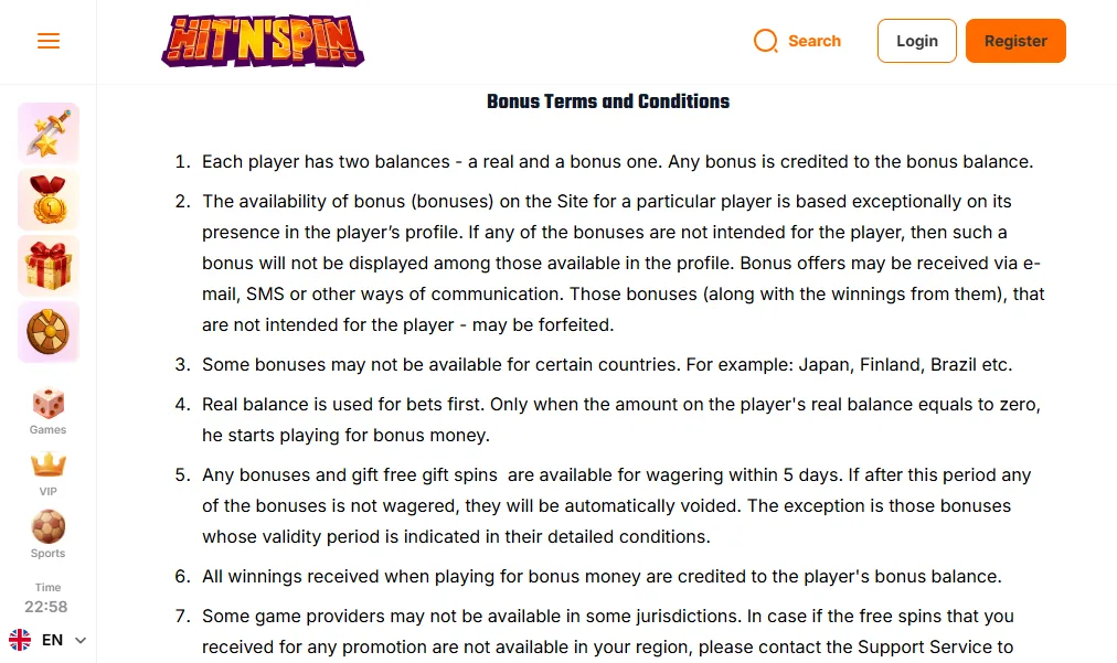 Screenshot of Hit N Spin's bonus terms and wagering requirements