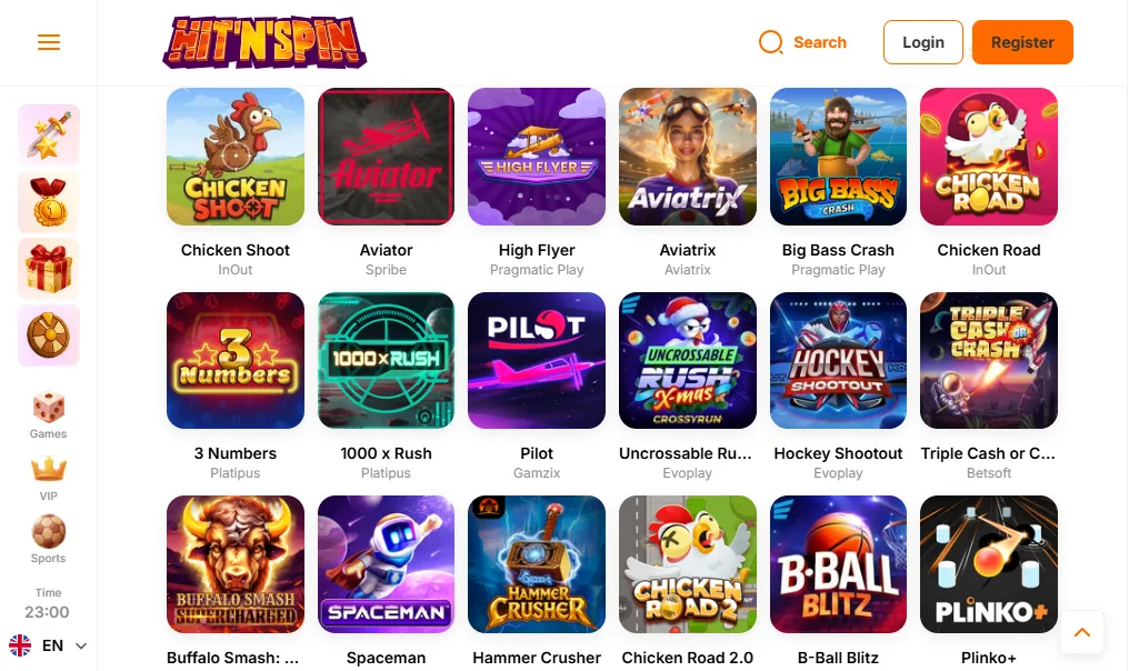 Screenshot of Hit N Spin's games lobby