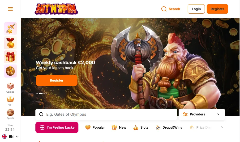 Screenshot of Hit N Spin's homepage