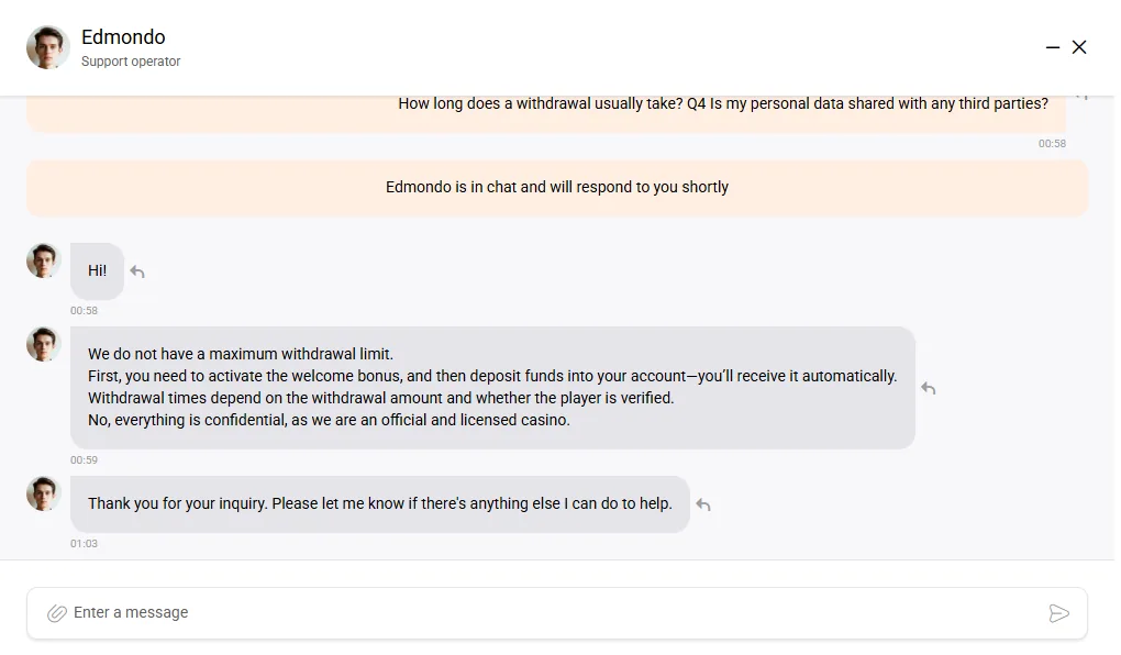 Screenshot of Hit N Spin's live chat support window
