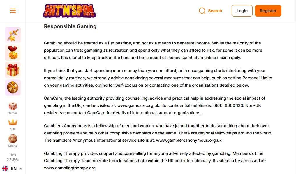 Screenshot of Hit N Spin's responsible-gambling tools