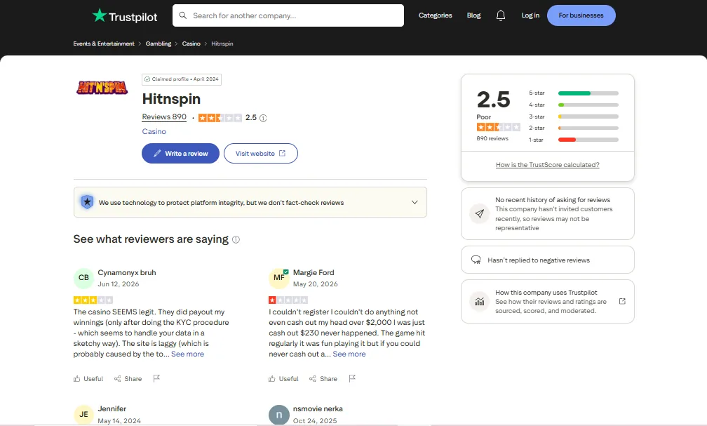 Screenshot of Hit N Spin's Trustpilot rating overview