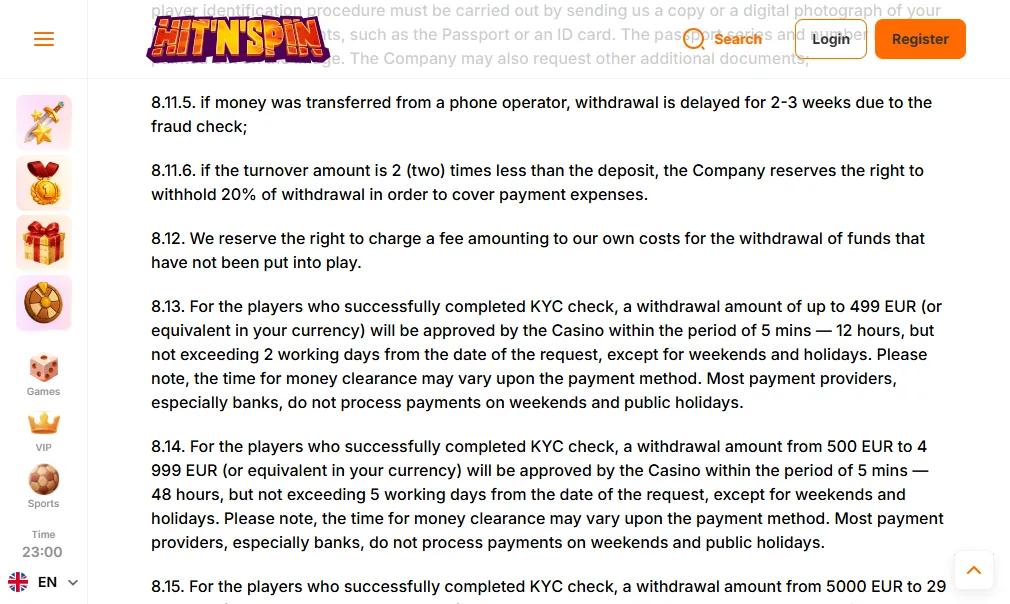 Screenshot of Hit N Spin's withdrawal section and limits