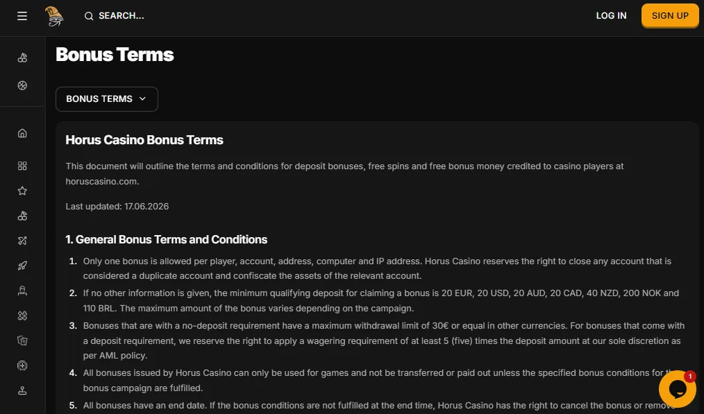 Screenshot of Horus Casino's bonus terms and wagering requirements