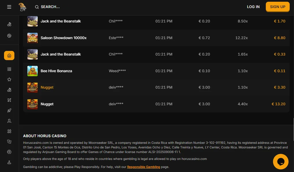 Screenshot of Horus Casino's footer licence and regulator details