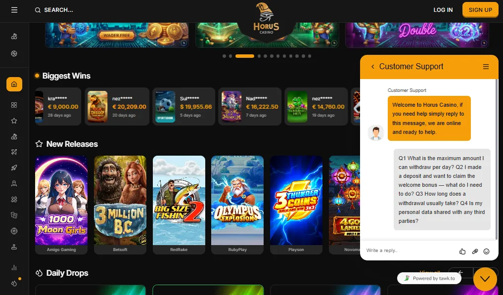 Screenshot of Horus Casino's live chat support window
